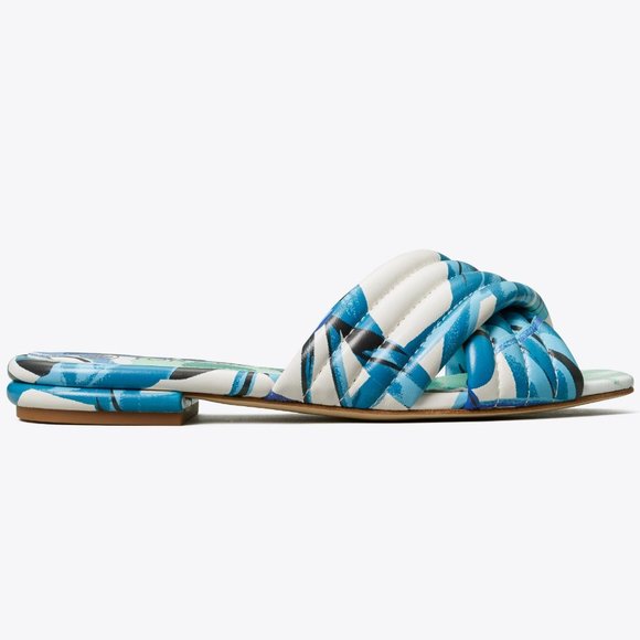 Tory Burch $278 LEATHER KIRA QUILTED FLAT SLIDE Blue Cream - Picture 4 of 10